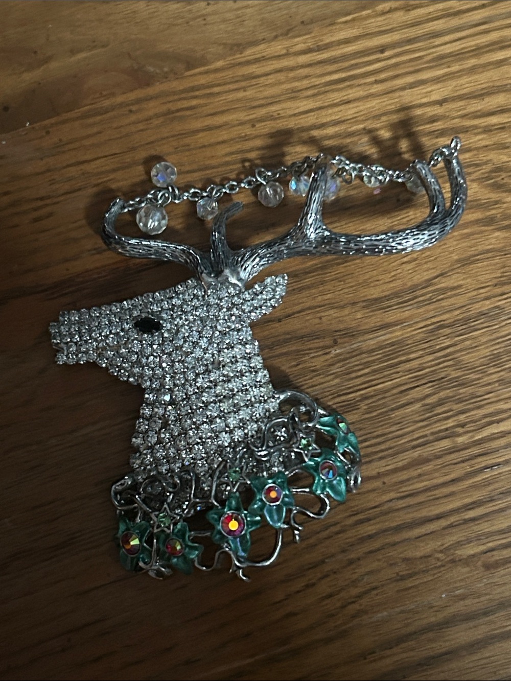 Kirks Folly Silver-tone Crystal Stag Brooch with Green Enamel Flowers